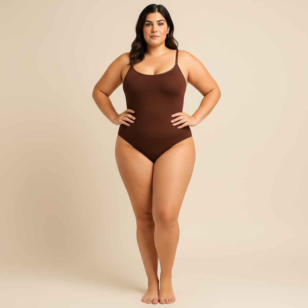 Body moldeador sin mangas café, vista frontal en modelo — Essenza