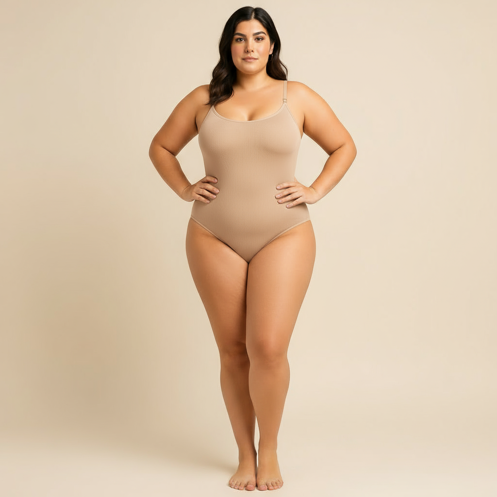 Body moldeador sin mangas beige, vista frontal en modelo — Essenza