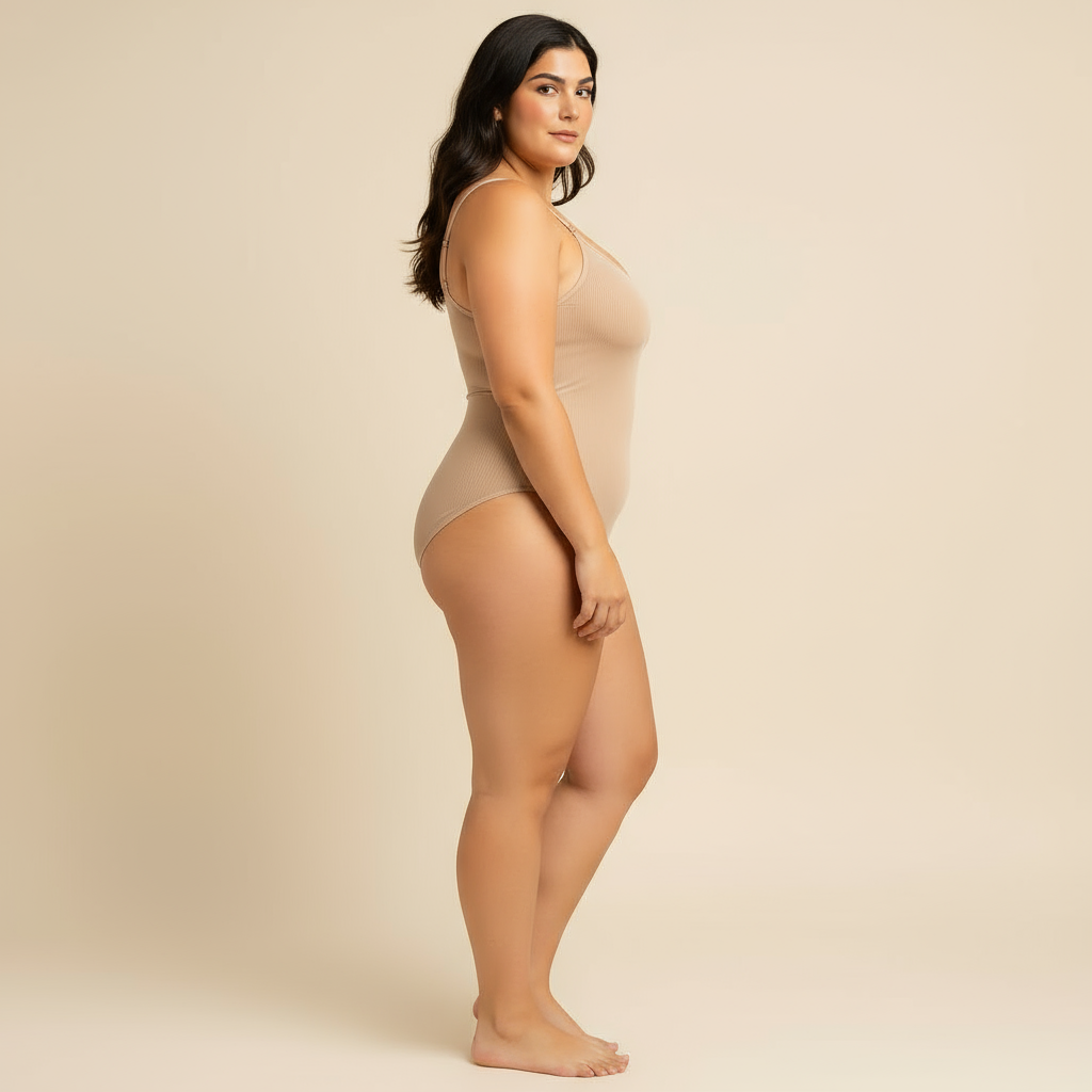 Body moldeador sin mangas beige, vista frontal de cuerpo entero — Essenza