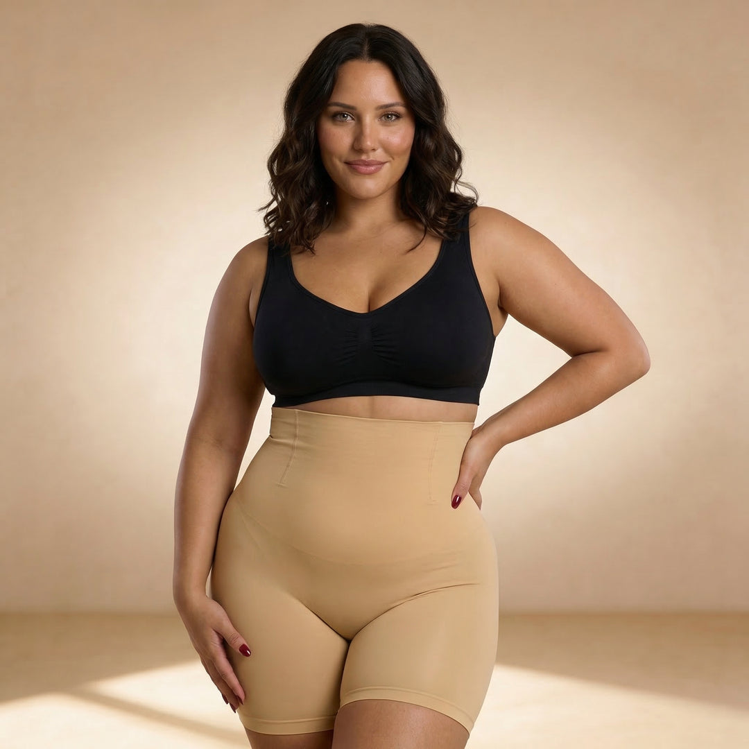 Short moldeador de tiro alto beige sobre fondo neutro — Essenza
