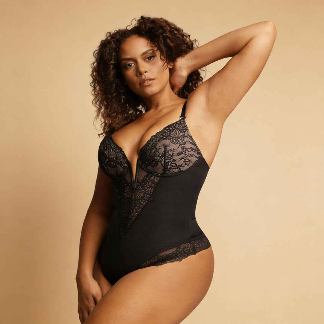 Body de encaje negro, vista trasera — Essenza