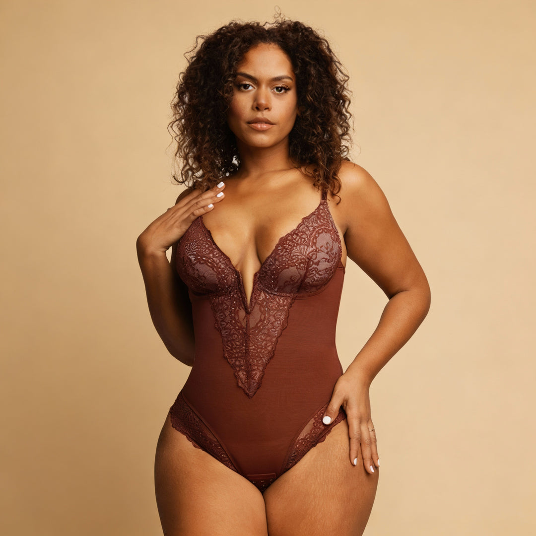 Body de encaje oro rosa, vista trasera — Essenza