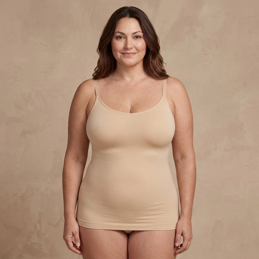 Camiseta moldeadora Comfort Fit beige, vista frontal en modelo — Essenza