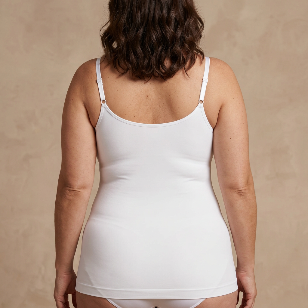 Camiseta moldeadora Comfort Fit blanca, vista lateral — Essenza