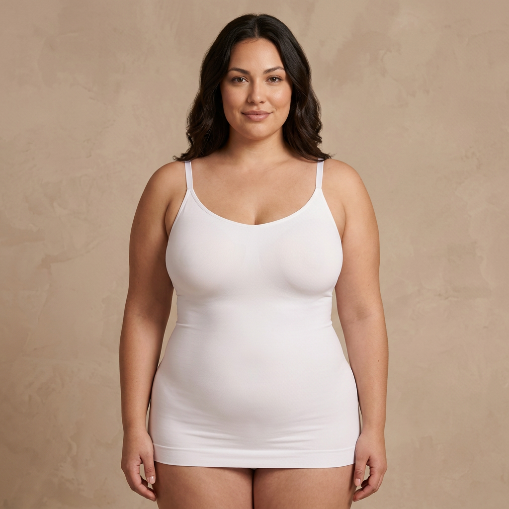 Camiseta moldeadora Comfort Fit blanca, vista frontal en modelo — Essenza