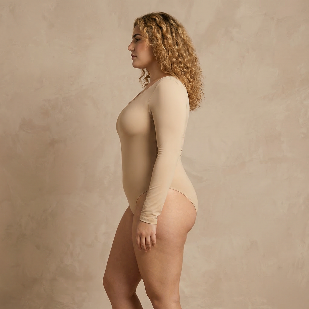 Body moldeador manga larga beige, vista lateral — Essenza