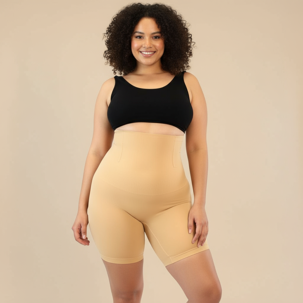Short moldeador de tiro alto beige, vista frontal en modelo — Essenza