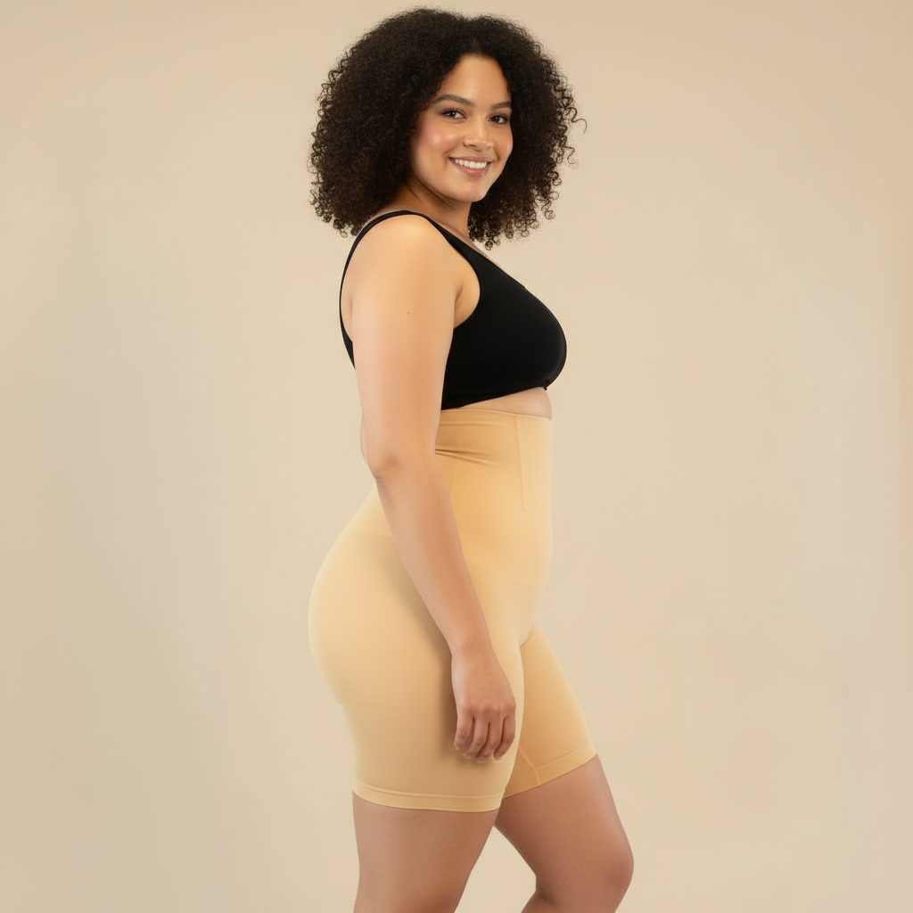 Short moldeador de tiro alto beige, vista trasera — Essenza
