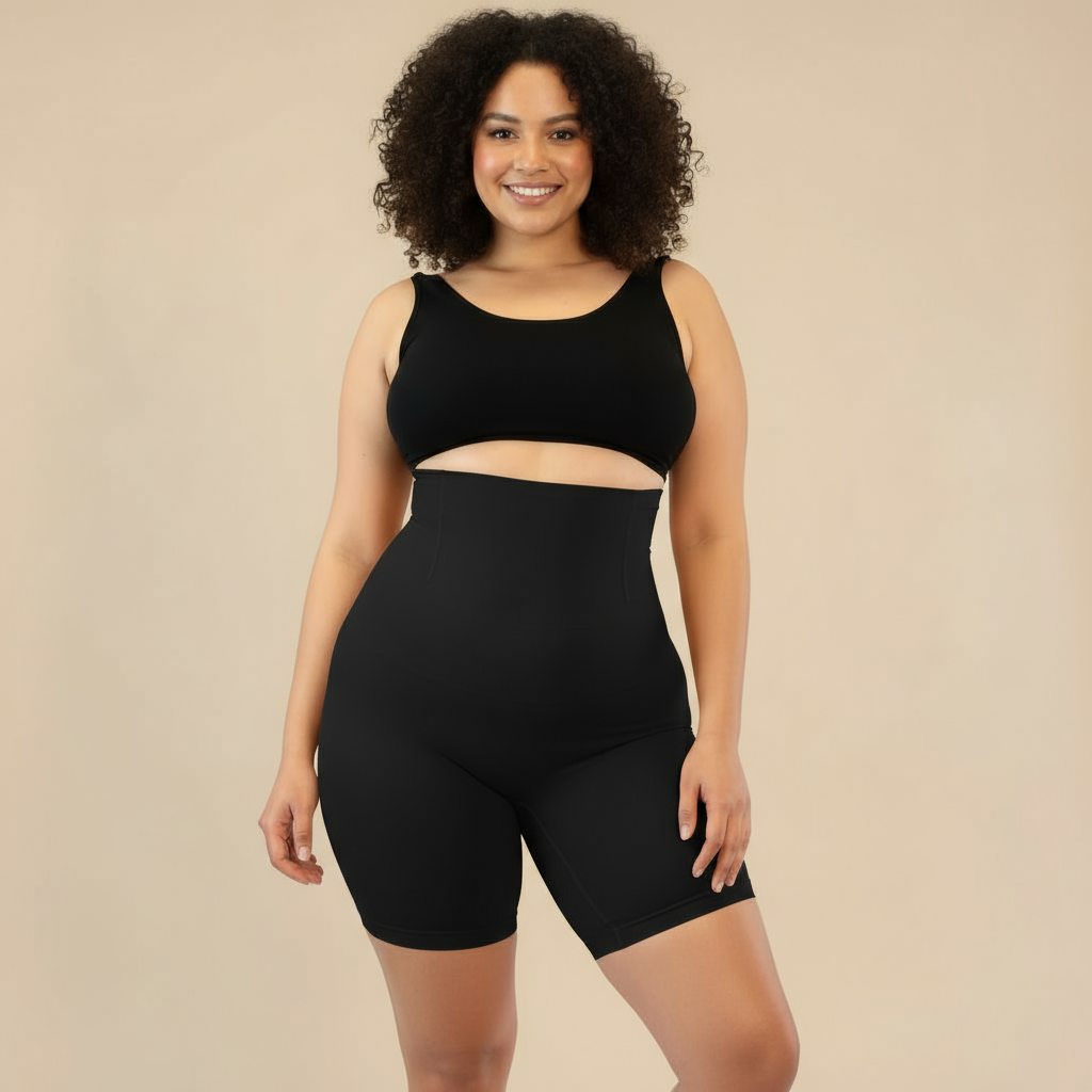 Short moldeador de tiro alto negro, vista frontal en modelo — Essenza