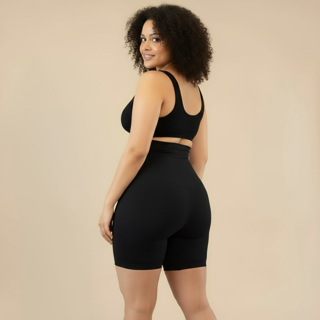 Short moldeador de tiro alto negro, vista lateral con control de abdomen — Essenza