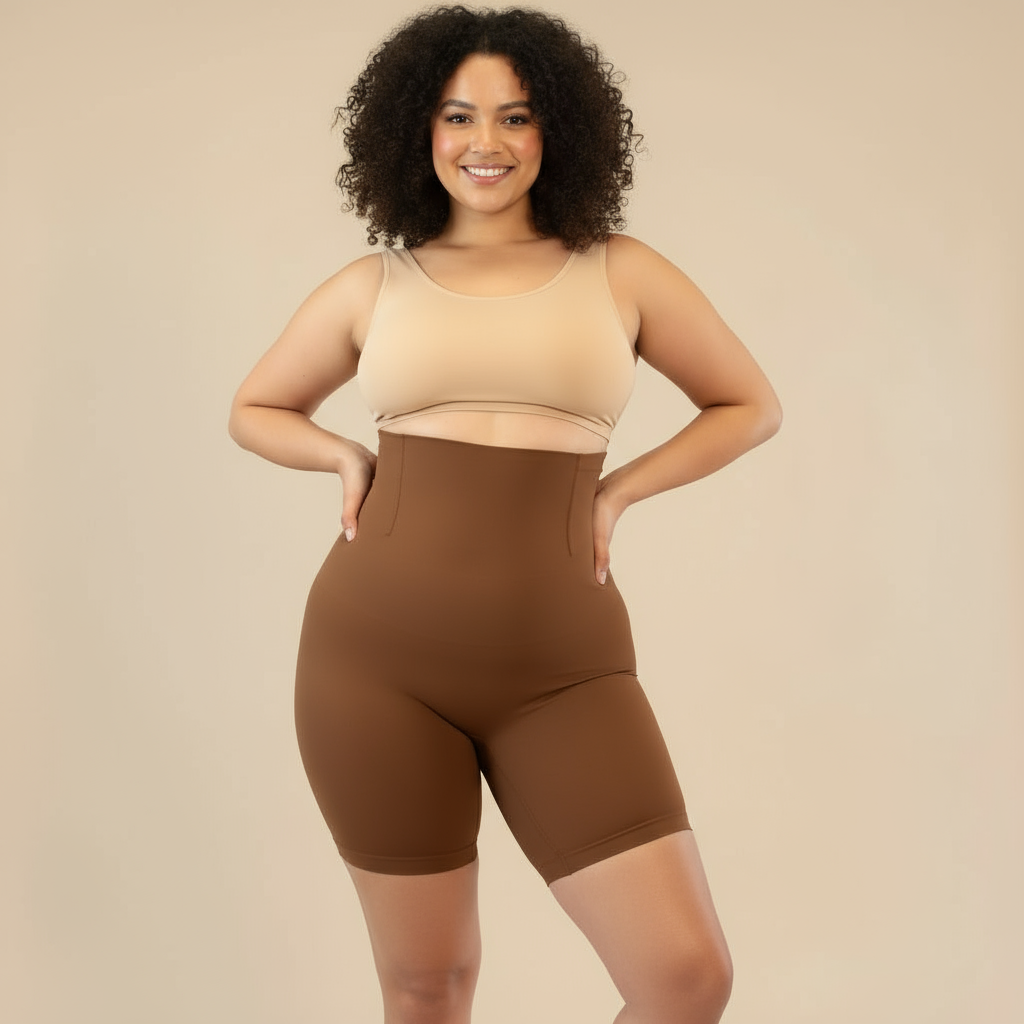 Short moldeador de tiro alto café, vista frontal en modelo — Essenza