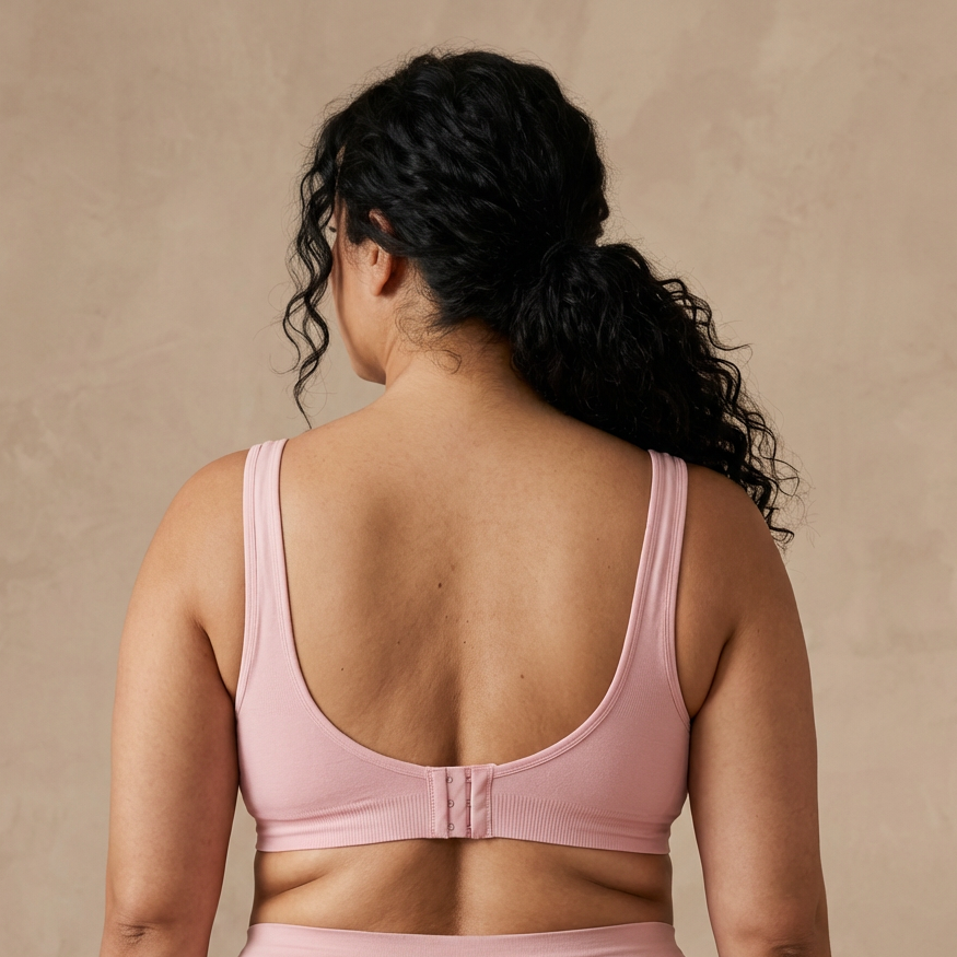 Sostén sin aros rosado vista trasera mujer curvy Essenza